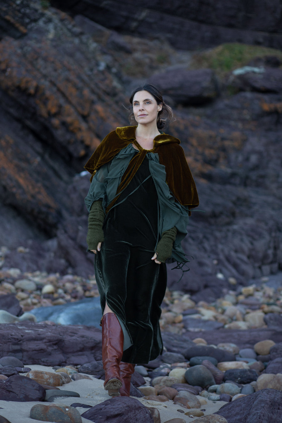 Silk Velvet Cocoon Capelet - Old Gold