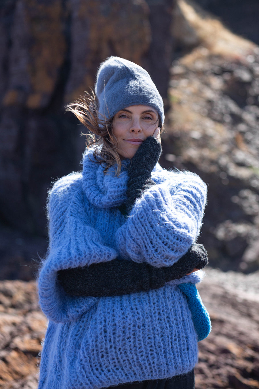 Chunky Hand Knit Sweater With Funnel Collar