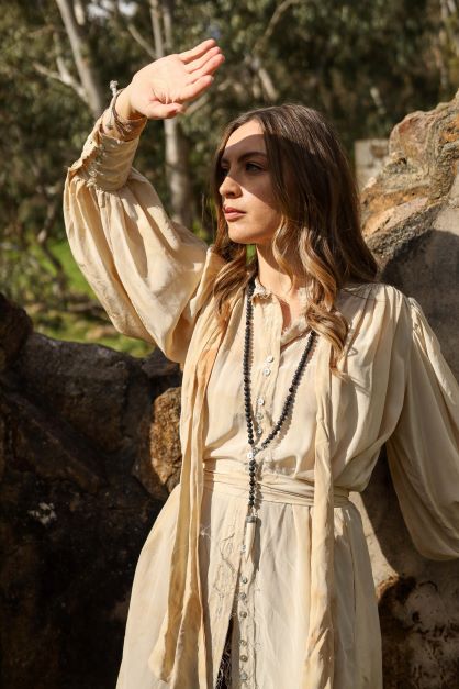 Button Through Shirt Dress W/ Neck Tie And Cuffs (Silk) - Tea Stain