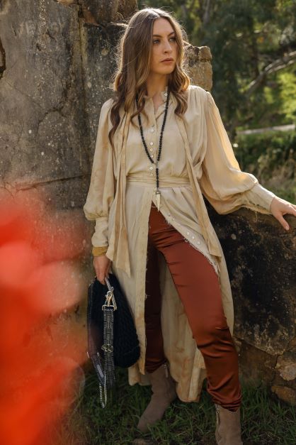Button Through Shirt Dress W/ Neck Tie And Cuffs (Silk) - Tea Stain
