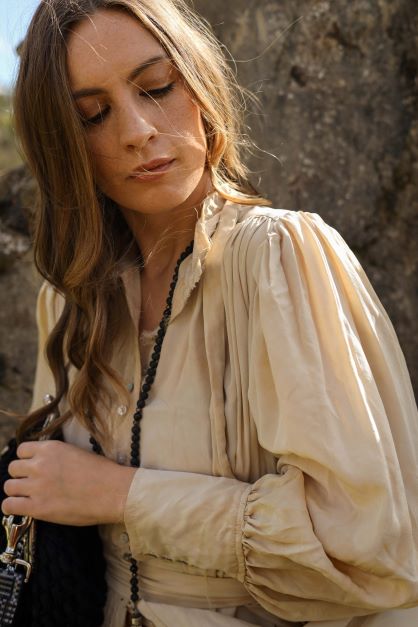 Silk Button Through Shirt Dress With Neck Tie And Cuffs - Navy