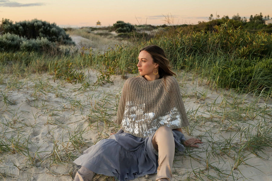 Hand Knit Shrug (Linen) W/ Foil Print - Sage