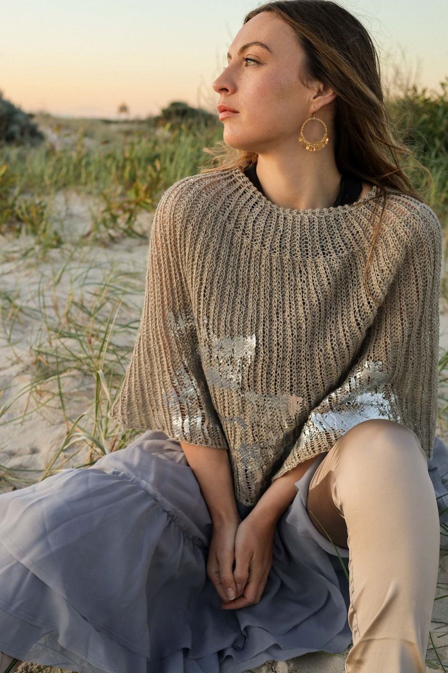 Hand Knit Shrug (Linen) W/ Foil Print - Sage