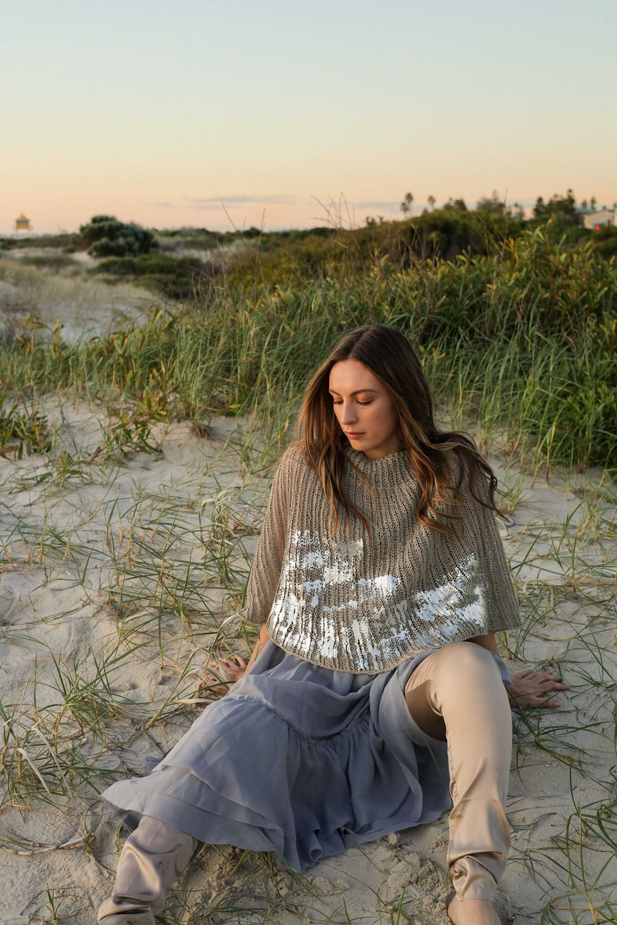 Hand Knit Shrug (Linen) W/ Foil Print - Sage