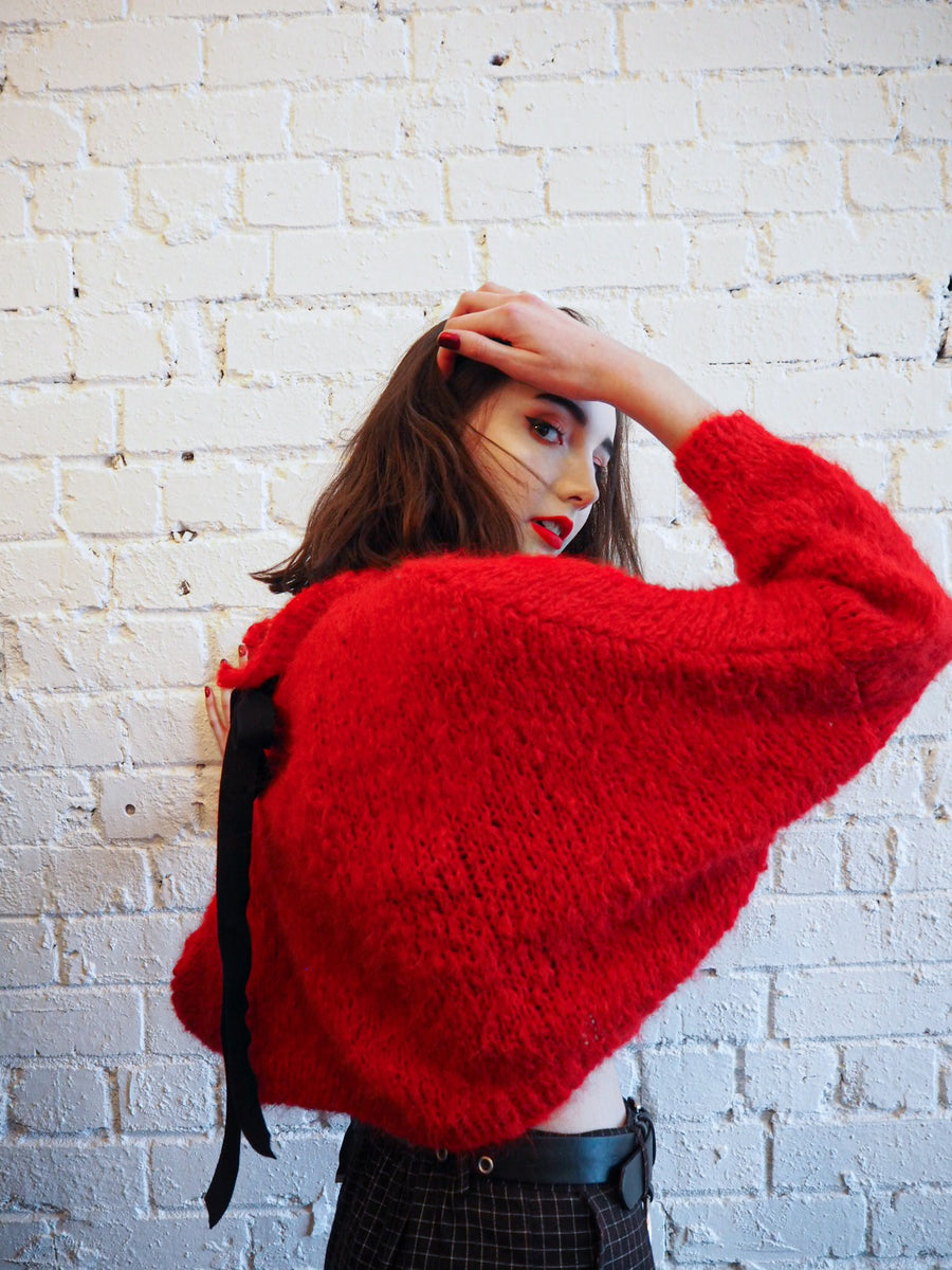 Hand Knit Batwing Sweater With Tie Back (Alpaca) - Red