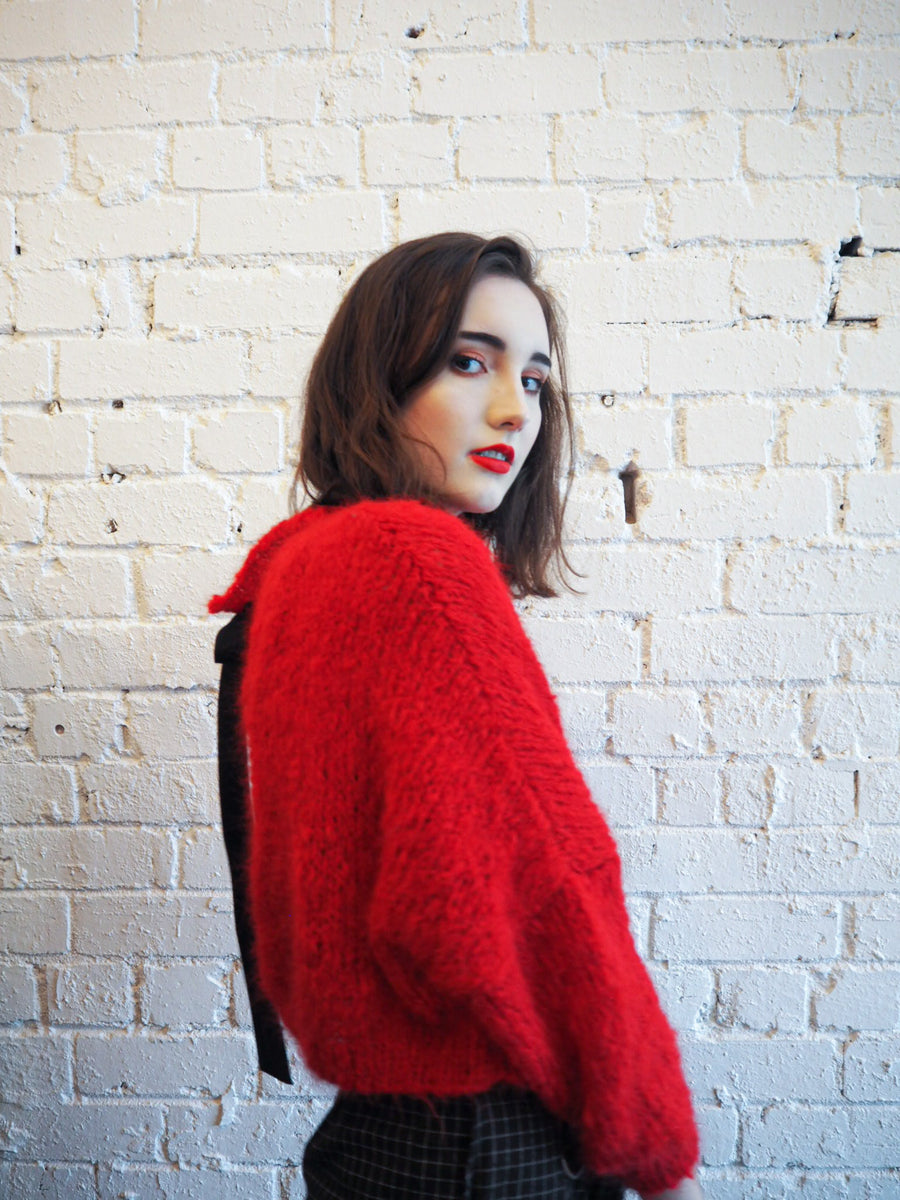 Hand Knit Batwing Sweater With Tie Back (Alpaca) - Red