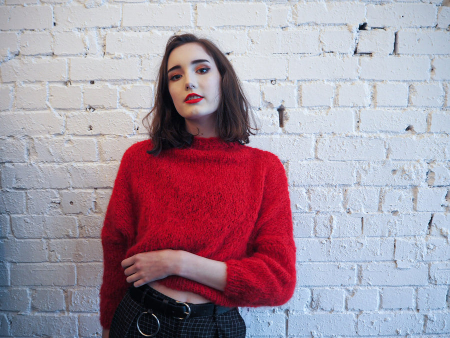 Hand Knit Batwing Sweater With Tie Back (Alpaca) - Red