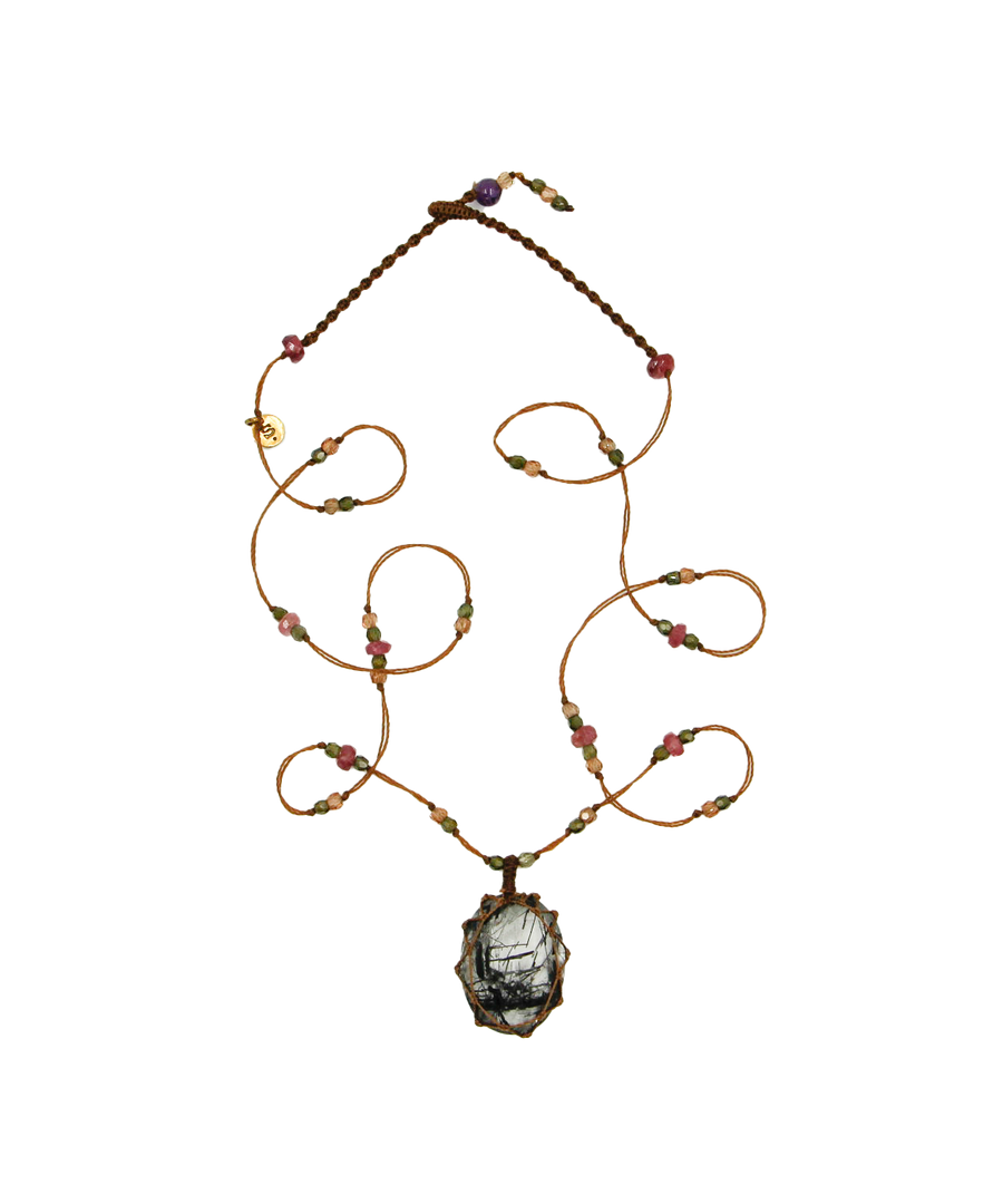 Tibetan Short Necklace - Black Tourmaline Rutilated Quartz