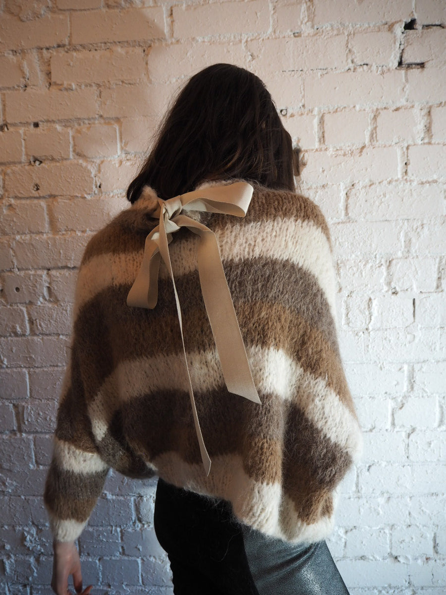 Hand Knit Batwing Sweater With Tie Back (Alpaca) Natural Stripe