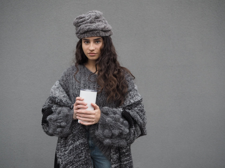 Hand Knit Cable Beanie Style Hat - (Alpaca) Grey Marble