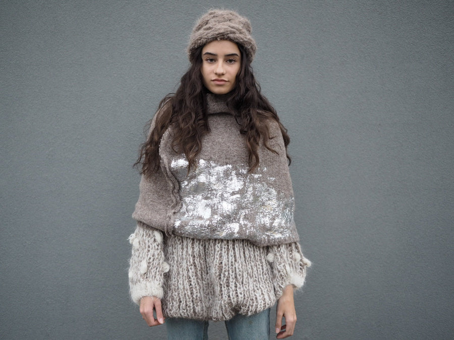 Hand Knit Cable Beanie Style Hat - (Alpaca) Grey Marble