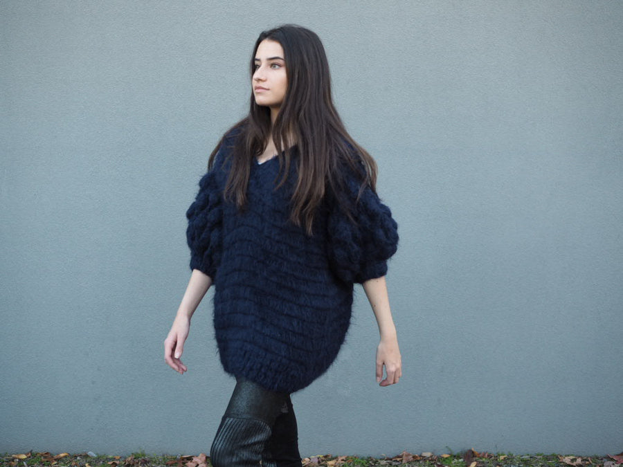 Hand Crochet Bluson With Pompom Sleeves (Alpaca) - Navy