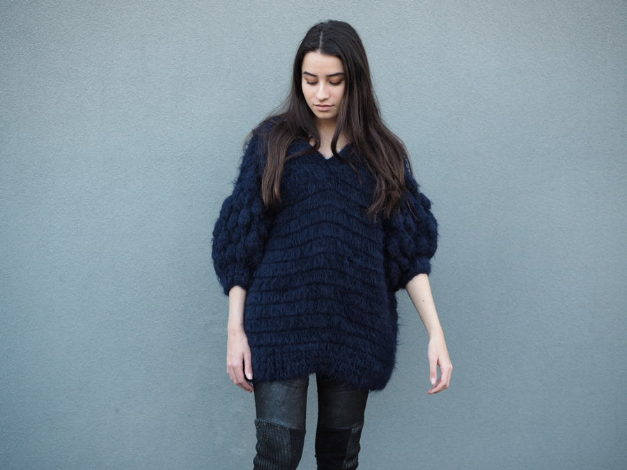 Hand Crochet Bluson With Pompom Sleeves (Alpaca) - Navy