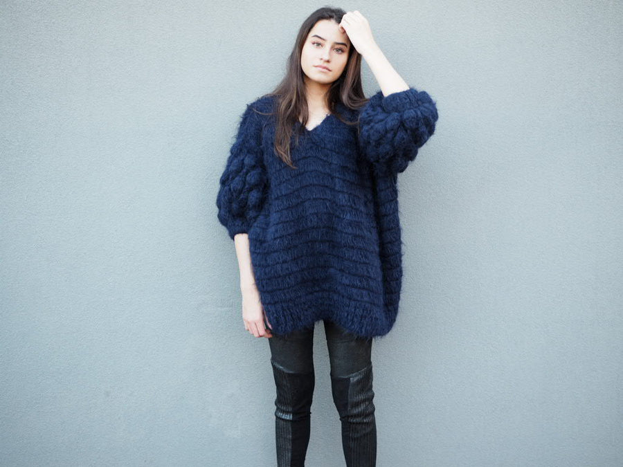 Hand Crochet Bluson With Pompom Sleeves (Alpaca) - Navy