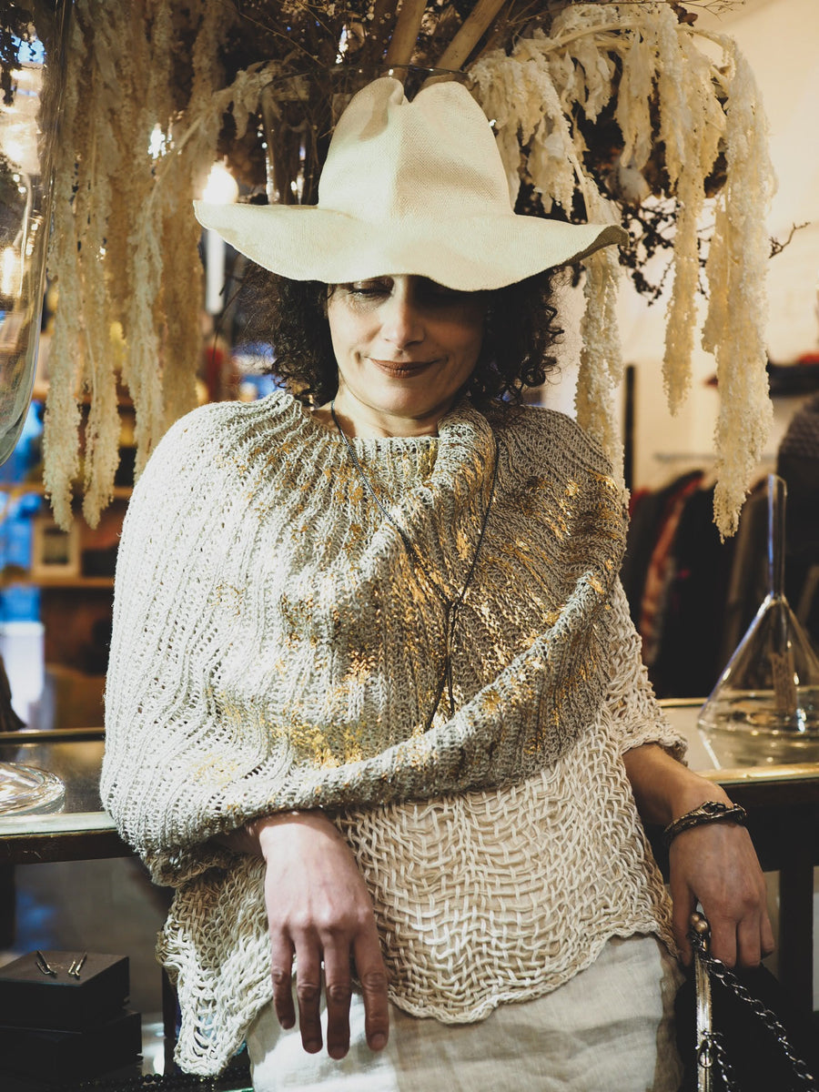 Hand Knit Shrug (Linen) W/ Foil Print - Sage