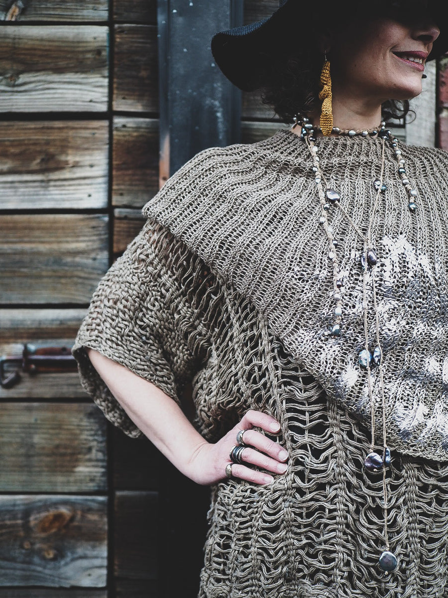 Hand Knit Shrug (Linen) W/ Foil Print - Sage