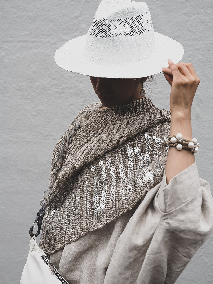 Hand Knit Shrug (Linen) W/ Foil Print - Sage