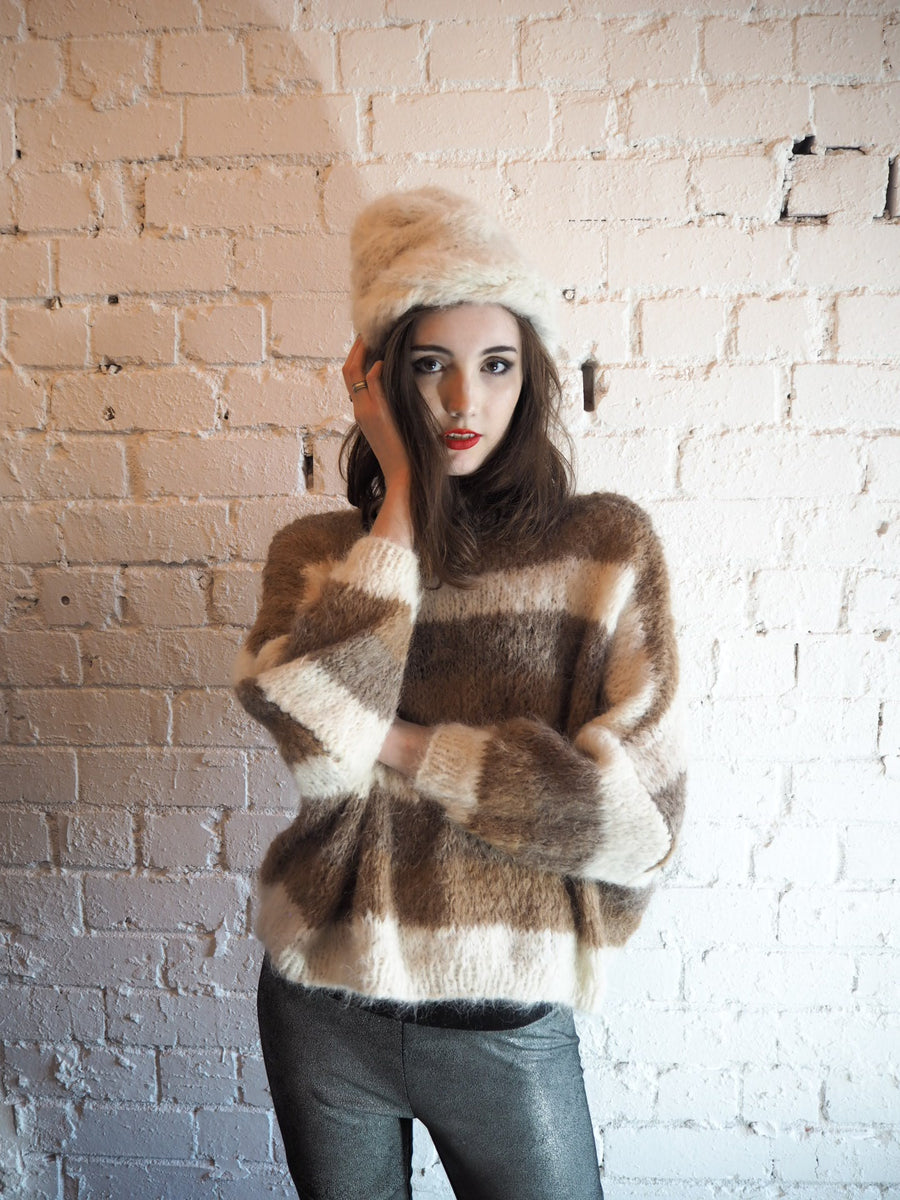 Hand Knit Batwing Sweater With Tie Back (Alpaca) Natural Stripe