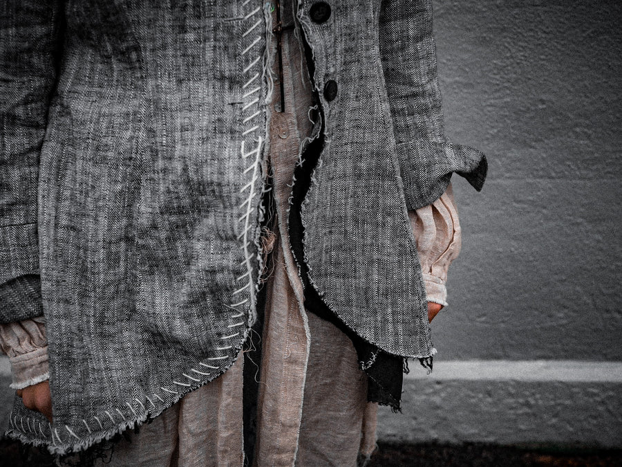 Hand - stitched Long tux style riding jacket - Linen herringbone
