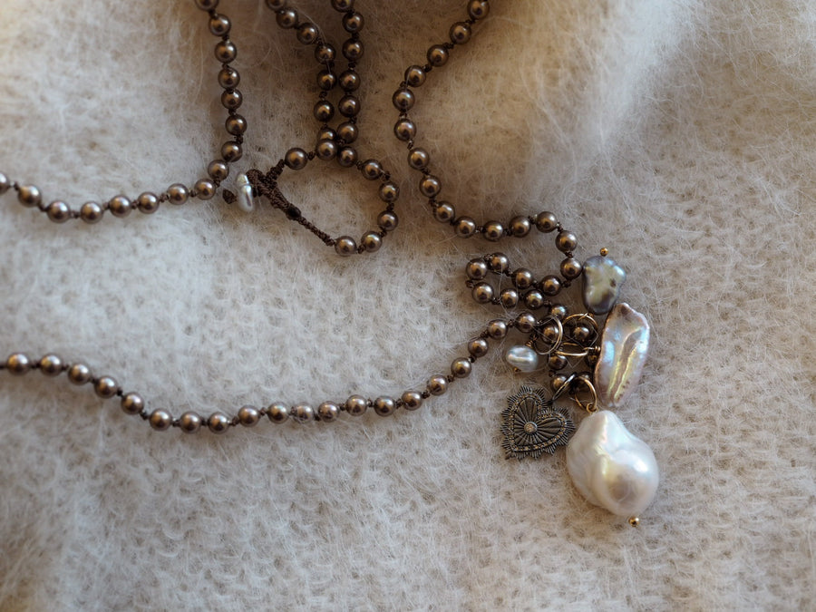 Hand Knotted Pearls And Diamonds Heart Necklace