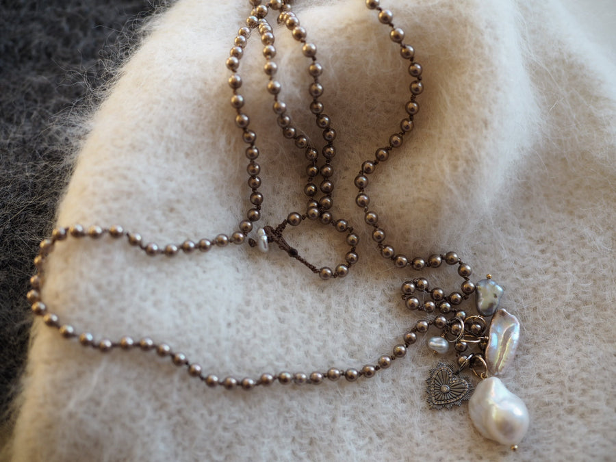 Hand Knotted Pearls And Diamonds Heart Necklace