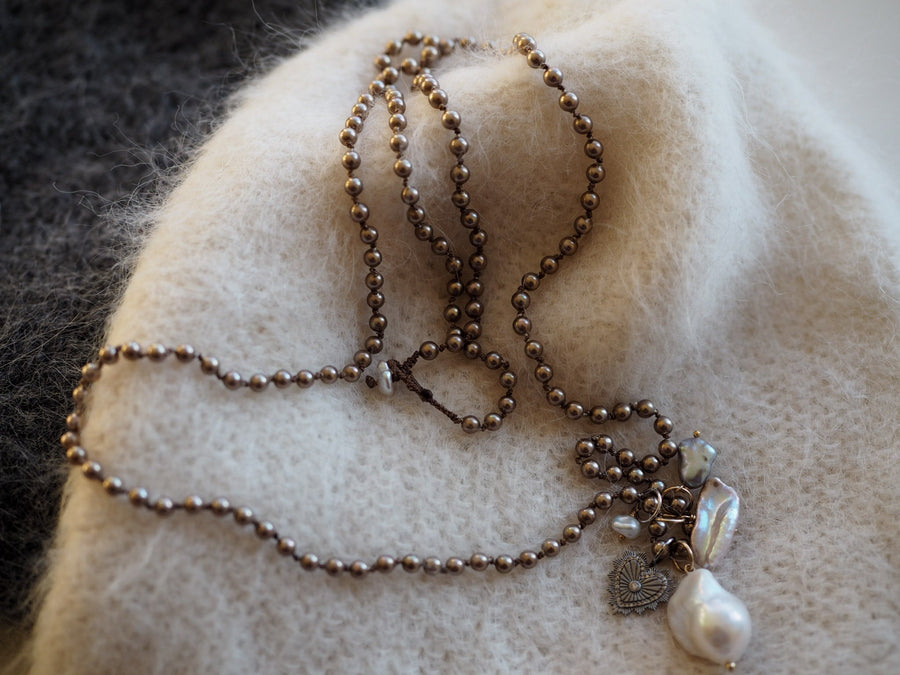 Hand Knotted Pearls And Diamonds Heart Necklace