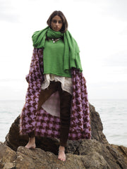 Hand-loom Maxi coat in large houndstooth weave (Alpaca) - Lilac/Cognac