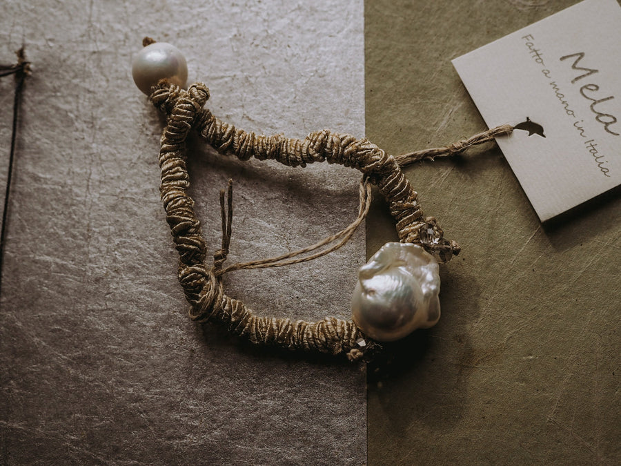 Baroque pearl bracelet +Smoky quartz Crystals - Natural silk