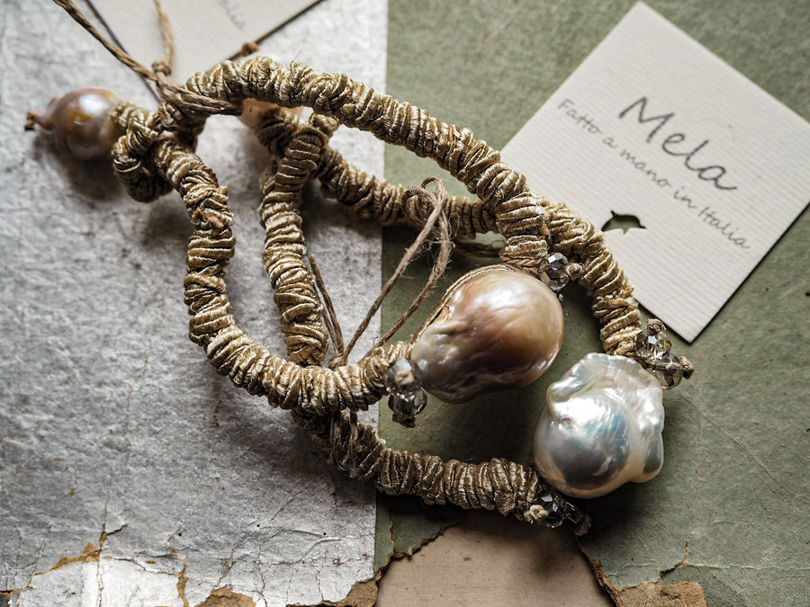 Baroque pearl bracelet +Smoky quartz Crystals - Natural silk