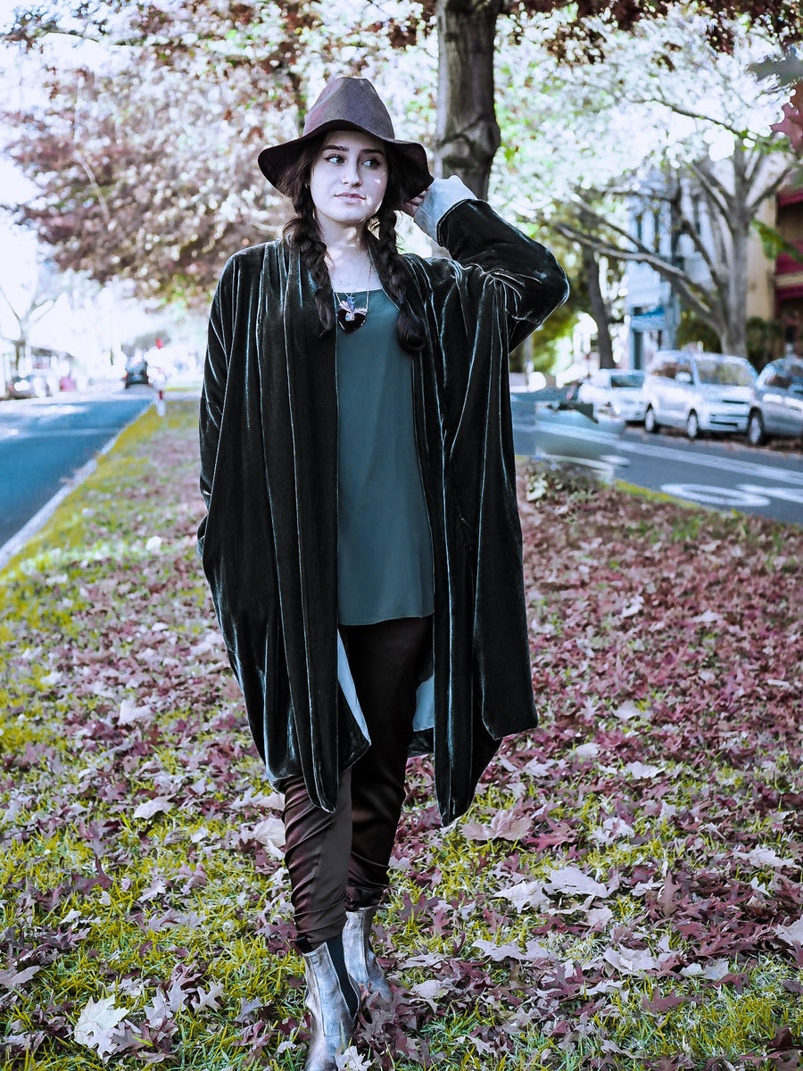 Cocoon Coat (Silk Velvet ) - Khaki Green