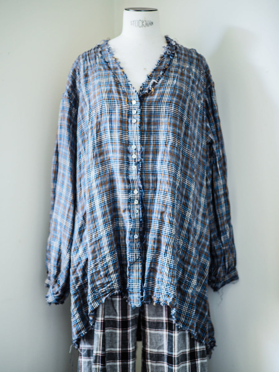 Pintuck Shirt (Linen) - Navy/White/rust prince of wales Check