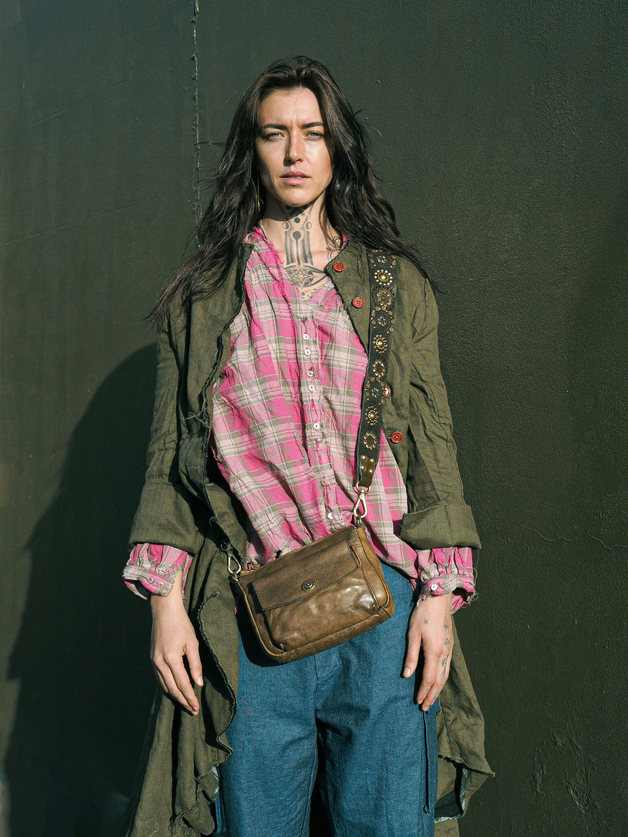 Pintuck Shirt (Cotton) - Pink Check