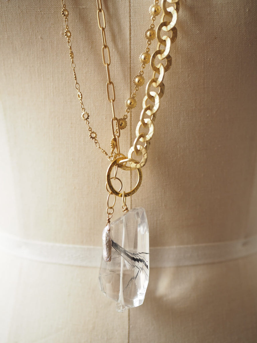 Multi Matte Gold Chain Necklace with Rutilated Quartz Pendant – Amano ...