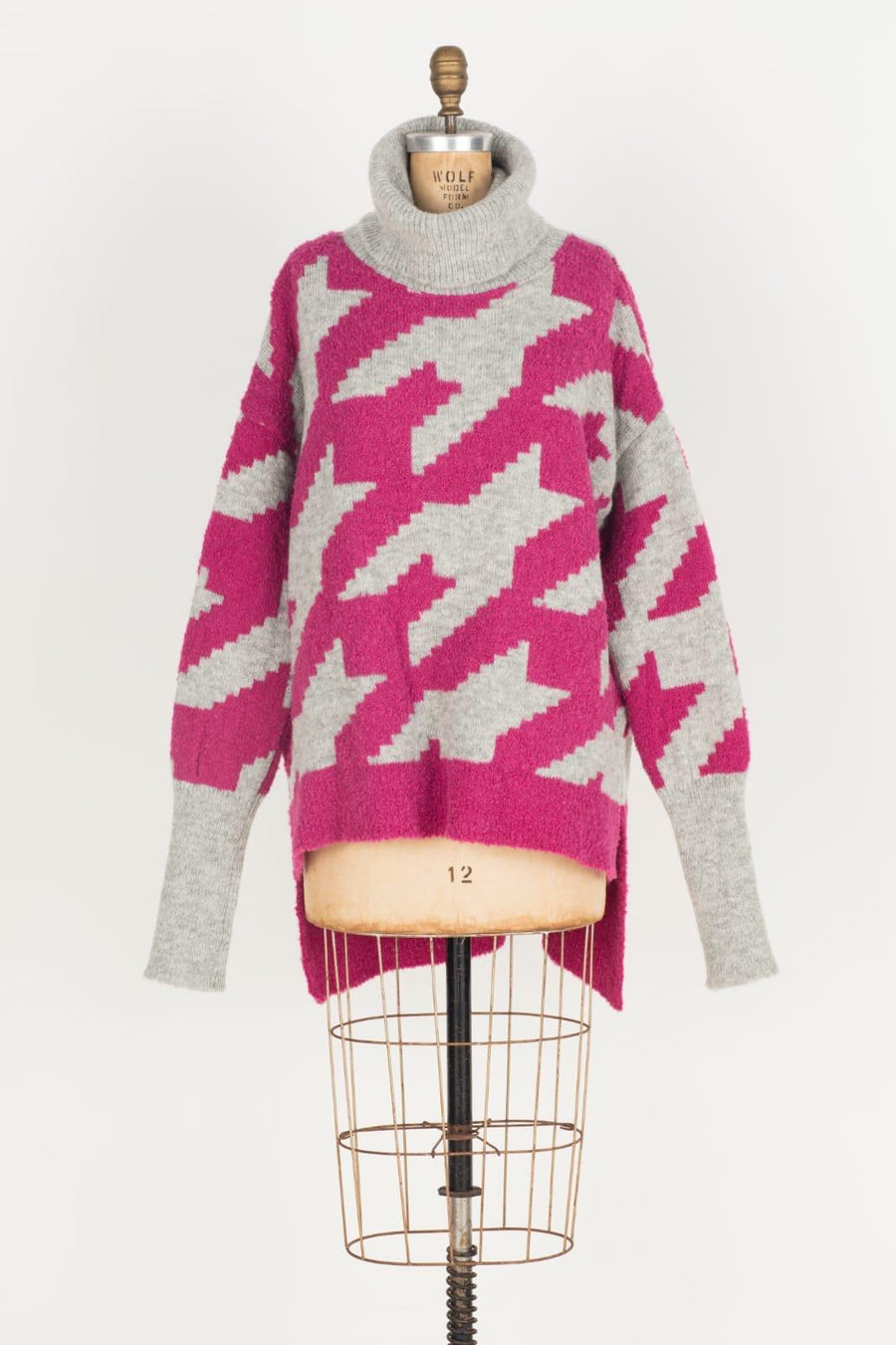 Houndstooth Jacquard Funnel Neck Sweater