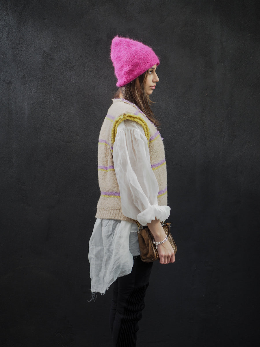 Knitted Stripe V Neck Vest (Alpaca) - Lilac