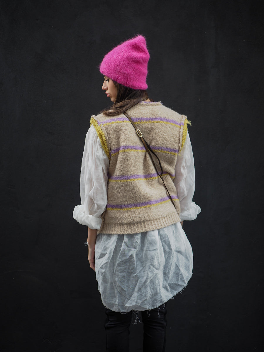 Knitted Stripe V Neck Vest (Alpaca) - Lilac