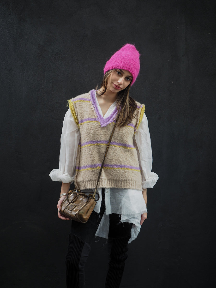Knitted Stripe V Neck Vest (Alpaca) - Lilac