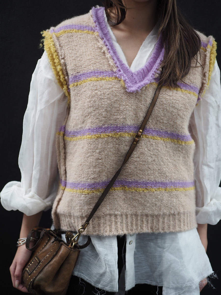 Knitted Stripe V Neck Vest (Alpaca) - Lilac
