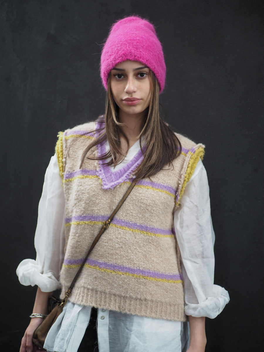 Knitted Stripe V Neck Vest (Alpaca) - Lilac