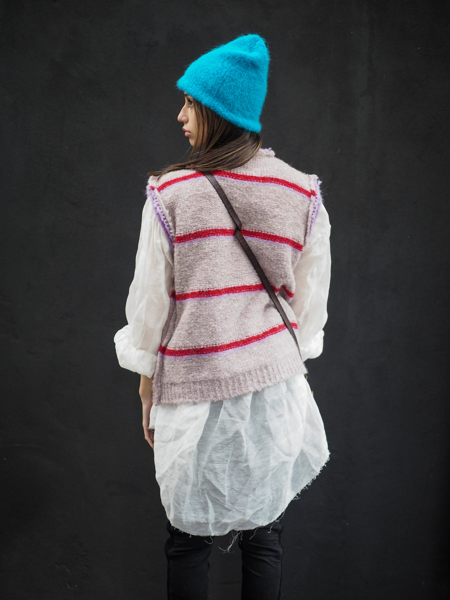 Knitted Stripe V Neck Vest (Alpaca) - Pink