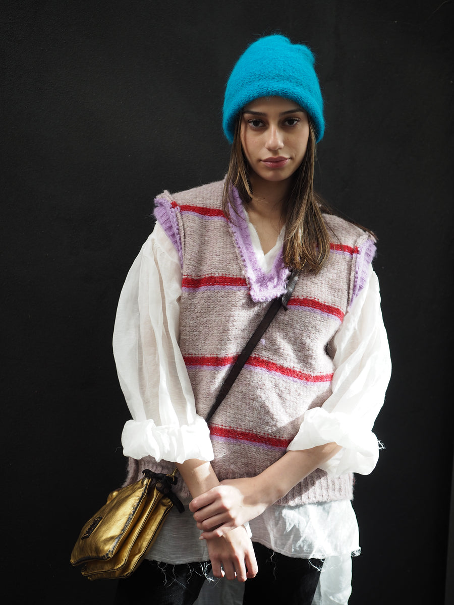 Knitted Stripe V Neck Vest (Alpaca) - Pink