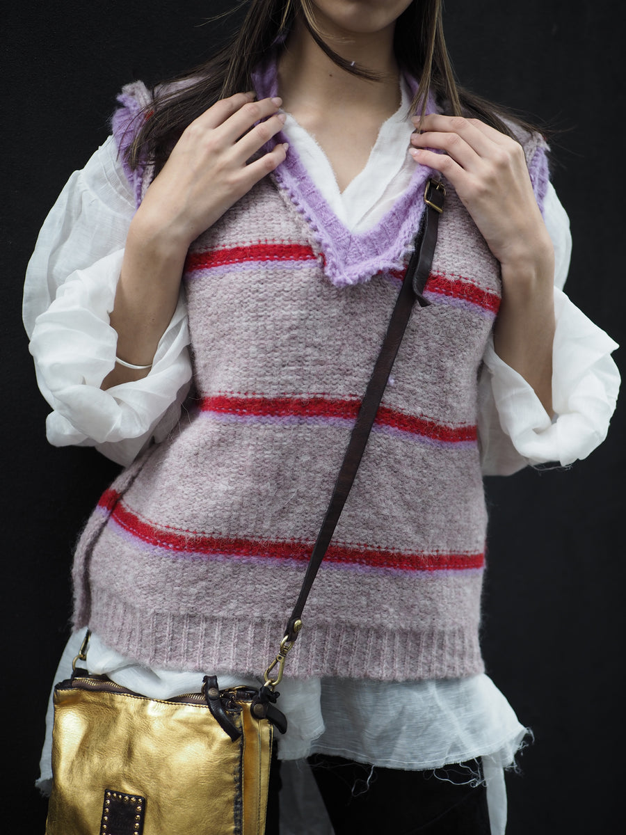 Knitted Stripe V Neck Vest (Alpaca) - Pink
