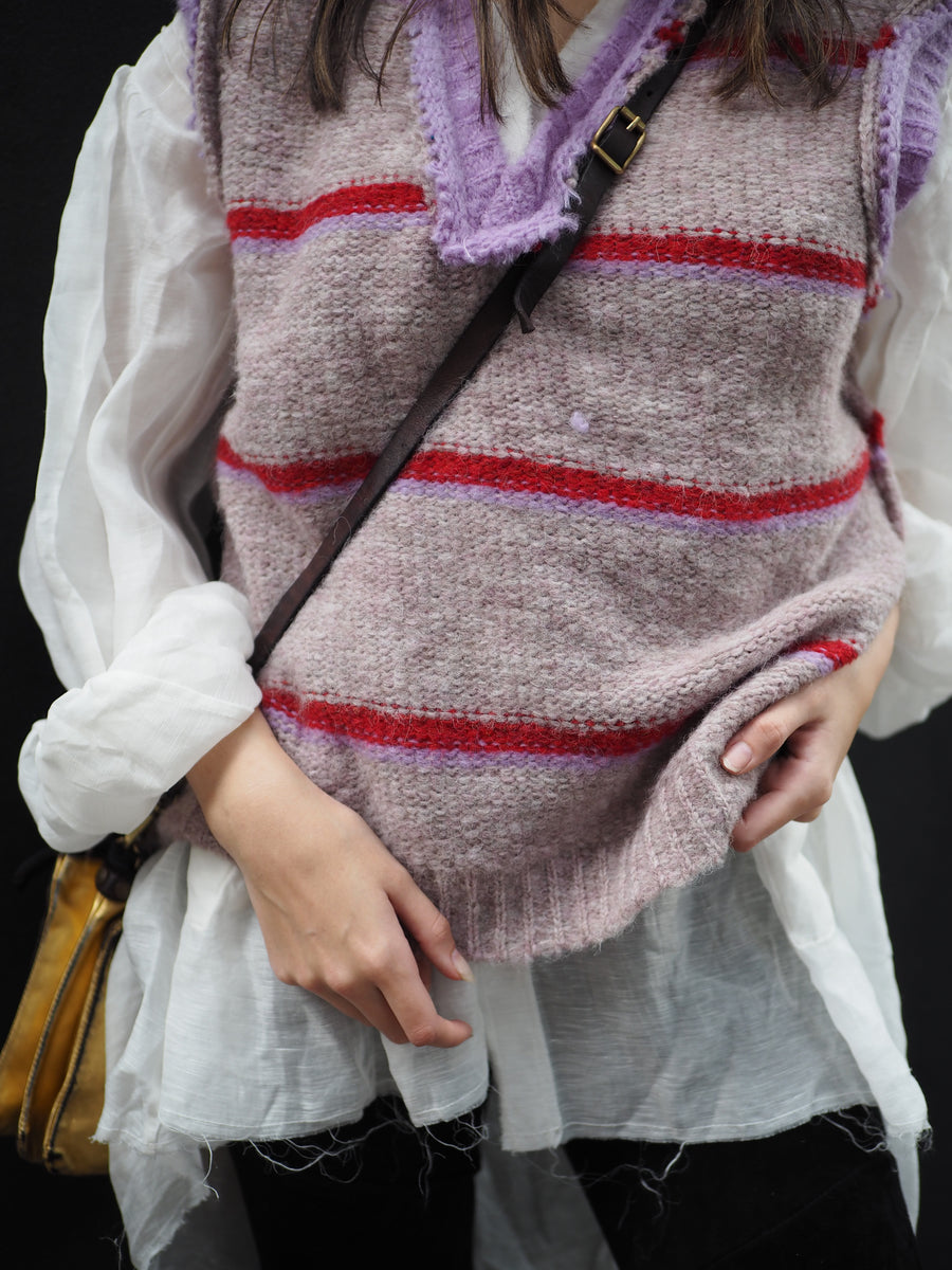 Knitted Stripe V Neck Vest (Alpaca) - Pink