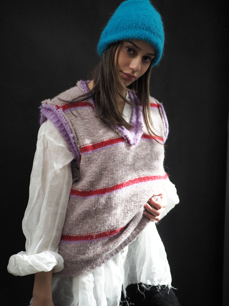 Knitted Stripe V Neck Vest (Alpaca) - Pink