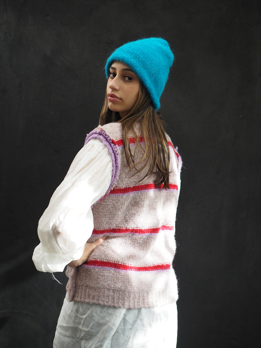 Knitted Stripe V Neck Vest (Alpaca) - Pink