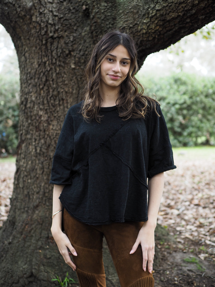 Spliced Tee Top - (Linen) Black