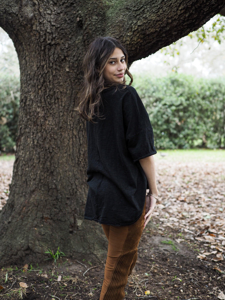 Spliced Tee Top - (Linen) Black