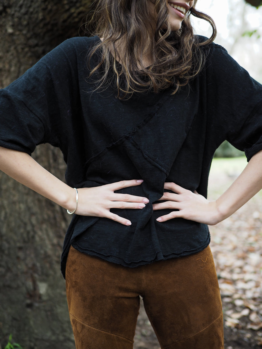 Spliced Tee Top - (Linen) Black