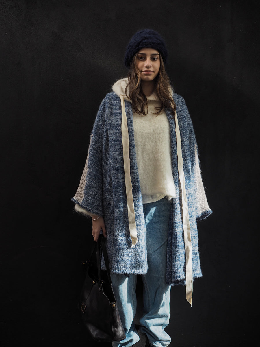 Kimono Style Cardigan With Mesh Detail (Alpaca) - Denim Blue/Natural