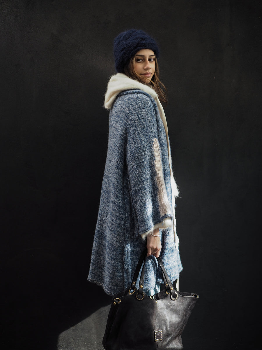 Kimono Style Cardigan With Mesh Detail (Alpaca) - Denim Blue/Natural